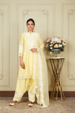 Ruzena - Lemon Yellow Princess-cut Short Kurta With Salwar And Dupatta