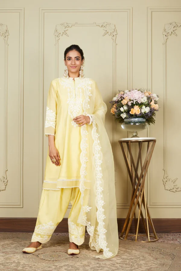 Ruzena - Lemon Yellow Princess-cut Short Kurta With Salwar And Dupatta