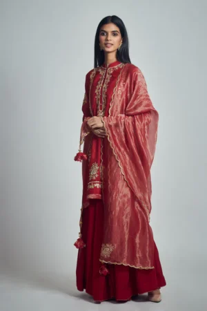 Nasira- Deep Red Habutai Silk Gota Patti Embroidered Kurta With Garara And Dupatta