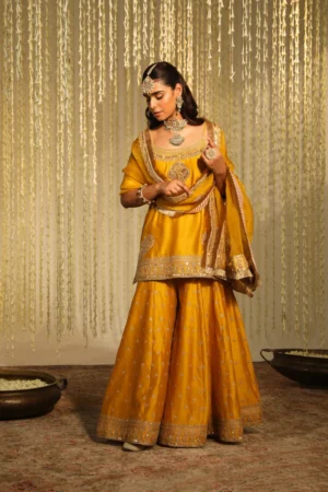 Aabroo - Glaze Mustard Short Kurta With Sharara And Dupatta